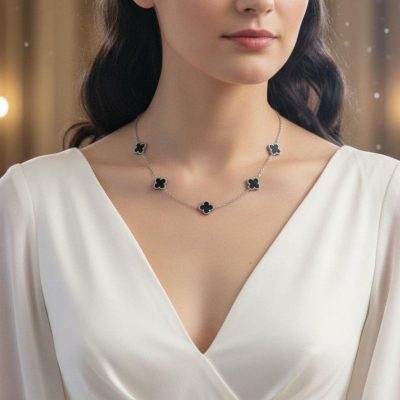 گردنبند ونکلیف نقره‌ای گل درشت