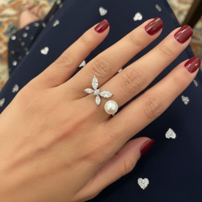 انگشتر طرح پروانه و مروارید